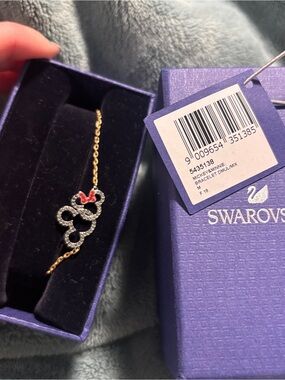 Swarovski Gold-Tone Crystal Minnie Mouse Bracelet with Black Pavé and Red Bow